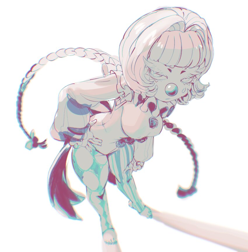 1girl absurdres blackberreh-art bow braid clown clown_makeup clown_nose commentary covered_erect_nipples english_commentary eyelashes feet frills full_body hair_intakes highres long_hair long_sleeves original poppet_(blackberreh-art) puffy_long_sleeves puffy_sleeves ribbon sketch solo standing stirrup_legwear toeless_legwear toes twin_braids very_long_hair
