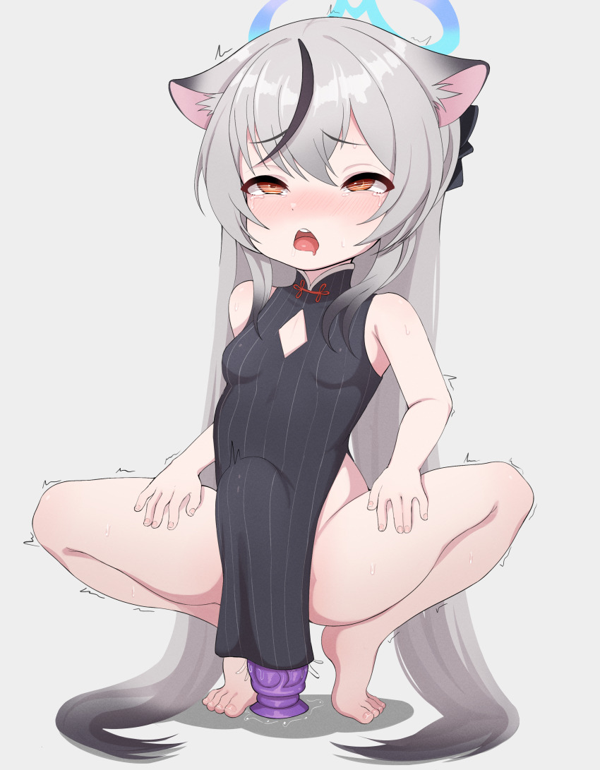 1girl absurdres animal_ears blue_archive blush breasts dildo doregene dress feet grey_hair halo highres kokona_(blue_archive) legs loli long_hair long_twintails moaning object_insertion open_mouth sex_toy small_breasts solo spread_legs stomach_bulge tears thighs toes twintails vaginal vaginal_object_insertion