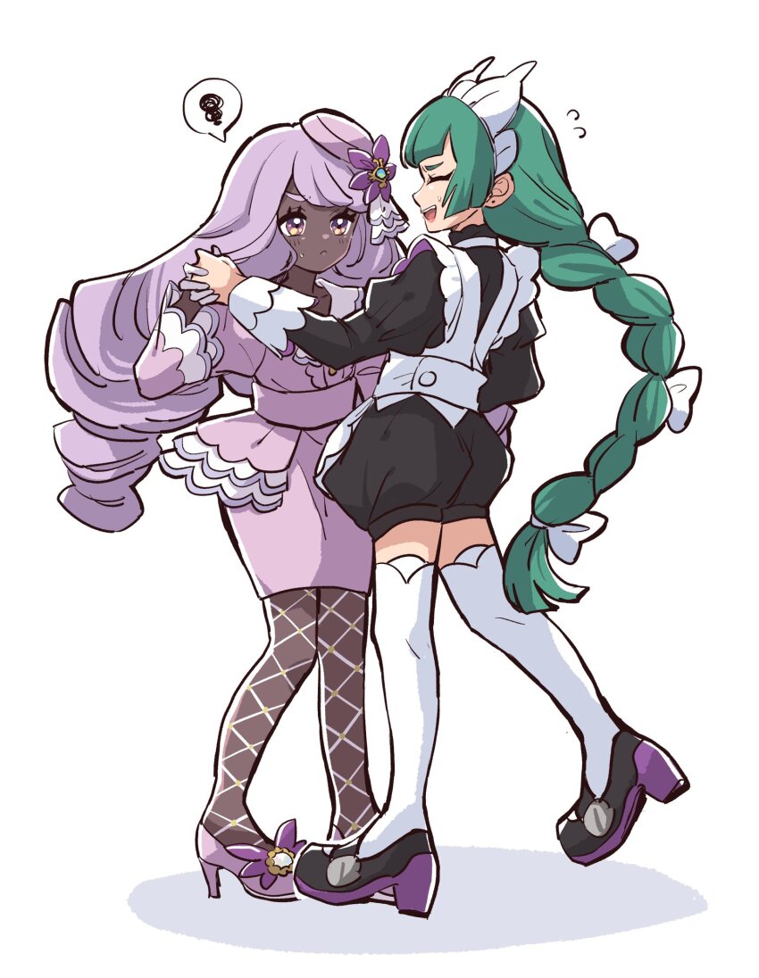 2girls apron black_romper blunt_bangs braid braided_ponytail closed_mouth commentary_request dancing dark-skinned_female dark_skin dress fascinator fishnet_pantyhose fishnets gloves green_hair highres holding_hands jacinthe_(pokemon) juliet_sleeves kino_haruc lebanne_(pokemon) long_braid long_hair long_sleeves low_drills maid maid_apron maid_headdress master_and_servant mega_stone multiple_girls nintendo open_mouth pantyhose pokemon pokemon_legends:_z-a puffy_sleeves purple_dress purple_eyes purple_hair romper shoes smile speech_bubble spoken_squiggle squiggle thighhighs very_dark_skin white_gloves white_thighhighs