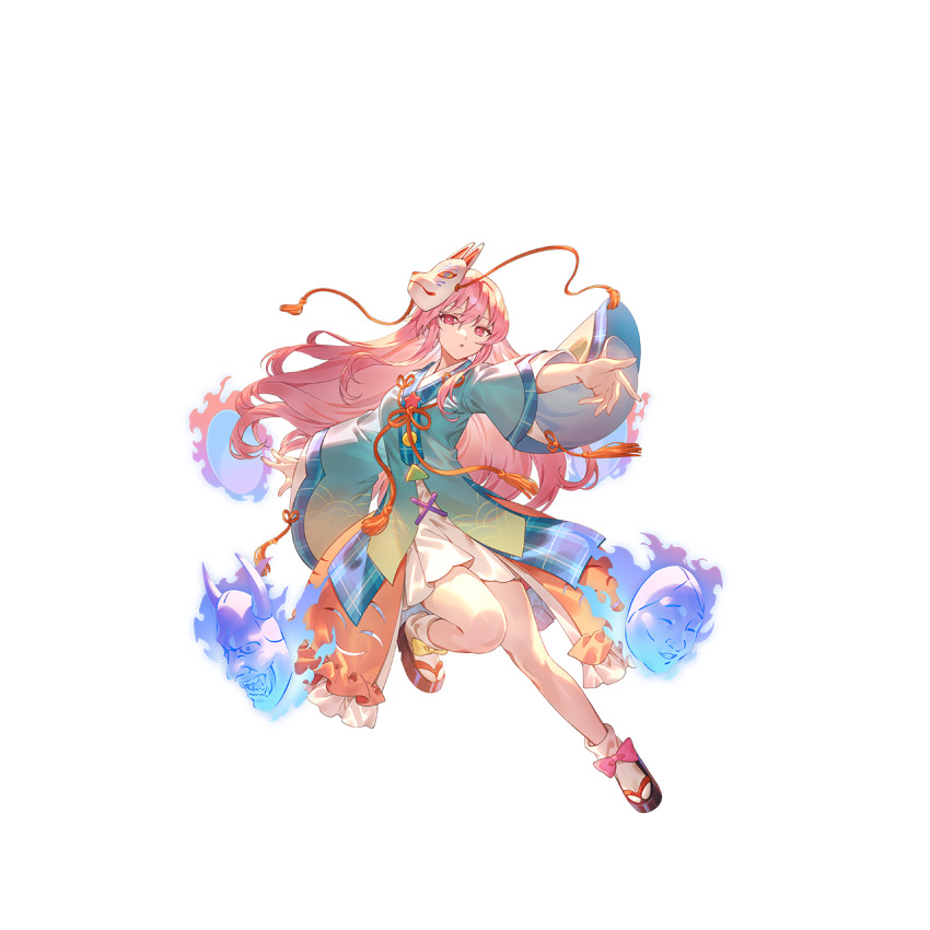 1girl alternate_costume blue_fire blue_shirt fire fox_mask full_body game_cg hata_no_kokoro highres long_hair long_sleeves looking_at_viewer mask mask_on_head noh_mask non-web_source official_art open_mouth pink_eyes pink_hair sandals second-party_source shirt skirt socks solo touhou touhou_gensou_eclipse transparent_background u_u_zan very_long_hair white_skirt white_socks wide_sleeves