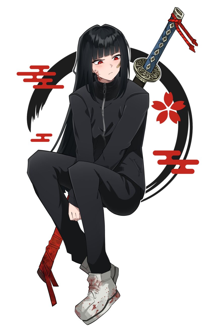 1girl :/ absurdres bandaid bandaid_on_face between_legs black_hair black_pants black_sweater blood blood_on_face blood_on_shoes blunt_bangs closed_mouth full_body hand_between_legs highres invisible_chair layer_(layer_illust) limbus_company long_hair long_sleeves official_alternate_costume official_alternate_hairstyle ootachi pants project_moon red_eyes ryoshu_(project_moon) sheath sheathed shoes sitting sneakers solo sweater sword sword_on_back track_suit very_long_hair weapon weapon_on_back white_background white_shoes zipper