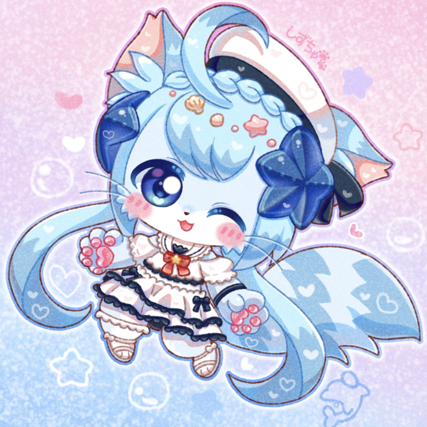 1girl :3 ahoge akurara_(cat_busters) animal_ears animal_hands blue_eyes blue_fur blue_hair blush braid cat_busters cat_ears cat_girl chibi chibi_only chibikemo commentary crown_braid dress full_body furry furry_female hair_ornament hat highres looking_at_viewer one_eye_closed open_mouth pawpads sailor_hat shizucha short_hair simple_background solo star_(symbol) star_hair_ornament tail whiskers white_dress white_hat