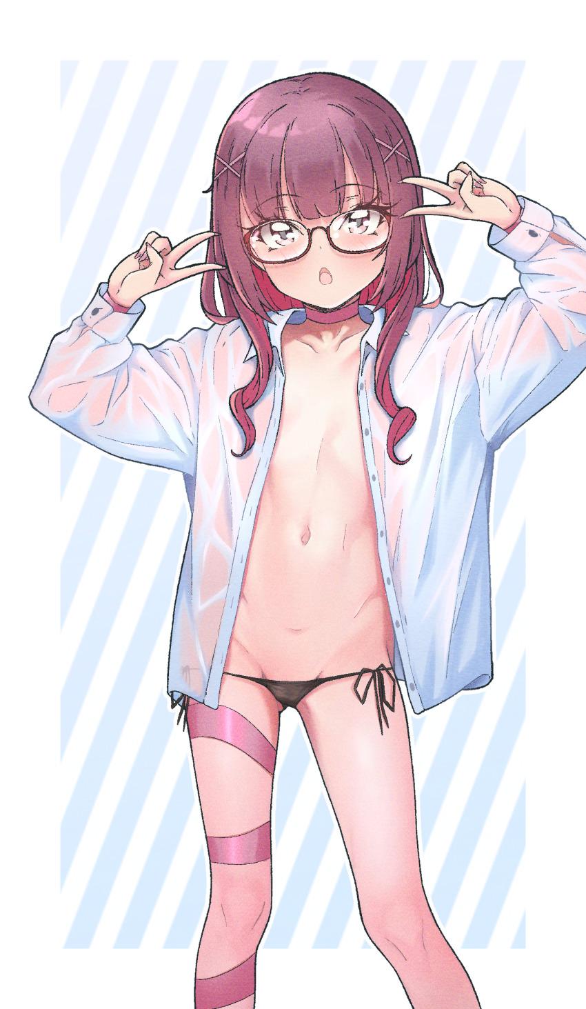 1girl absurdres black_panties border brown_hair choker collarbone commentary double_v fallenshadow feet_out_of_frame glasses hair_ornament hair_over_shoulder hands_up highres indie_virtual_youtuber loli long_eyelashes long_hair long_sleeves looking_at_viewer lowleg lowleg_panties navel no_bra open_clothes open_mouth open_shirt outside_border panties pettan_(zeez4743) pink_choker shirt side-tie_panties solo standing stomach straight-on string_panties striped_background unbuttoned underwear v variant_set virtual_youtuber white_border white_shirt x_hair_ornament