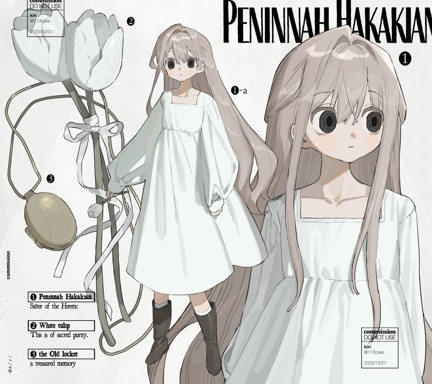 1girl black_eyes boots brown_boots brown_hair character_name commentary commission dress empty_eyes english_commentary english_text flower highres holding holding_flower jewelry locket long_hair looking_to_the_side multiple_views mumukyabi original pendant simple_background sleeves_past_wrists tulip very_long_hair watermark white_background white_dress white_flower