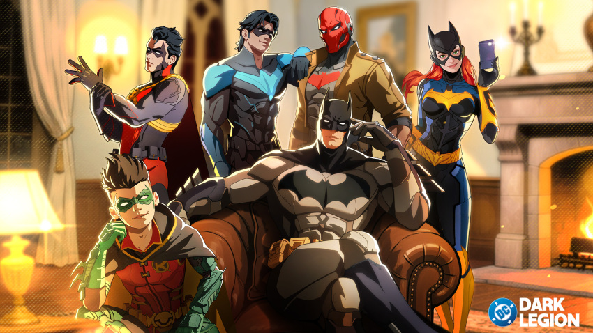 barbara_gordon bat_signal batgirl batman batman_(series) batman_symbol black_bodysuit black_cape black_gloves black_hair blue_bodysuit bodysuit brothers brown_jacket bruce_wayne cape closed_mouth cowl damian_wayne dc:_dark_legion dc_comics dick_grayson domino_mask eye_mask family gloves grey_bodysuit highres jacket jason_todd large_pectorals mask multicolored_bodysuit multiple_boys muscular muscular_male nightwing official_art open_clothes pants pectorals red_hood_(dc) red_mask robin_(dc) short_hair siblings smile superhero_costume taut_bodysuit tim_drake two-tone_bodysuit yellow_cape