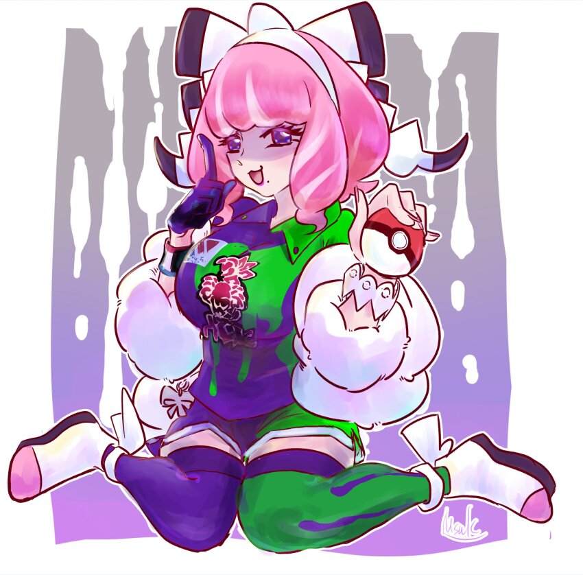 1girl bebebebemsuk bow bracelet breasts collared_shirt commentary_request drill_hair drill_sidelocks dynamax_band eyeshadow flipped_hair fur_jacket hair_bow hairband hand_up highres holding holding_poke_ball jacket jewelry klara_(pokemon) large_breasts makeup medium_breasts mole mole_under_mouth multicolored_thighhighs nintendo pink_eyeshadow pink_hair pink_lips poke_ball poke_ball_(basic) pokemon pokemon_swsh print_shirt print_shorts purple_eyes shaded_face shirt short_hair shorts side_slit side_slit_shorts sidelocks sitting sketch smile solo two-tone_shirt two-tone_shorts two-tone_thighhighs wariza white_bow white_hairband