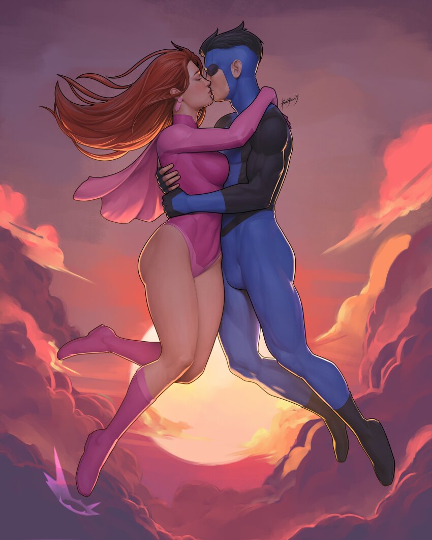 1boy 1girl absurdres arms_around_neck arms_around_waist atom_eve blue_bodysuit bodysuit boots breasts cape capelet clenched_hands cloud cloudy_sky commentary couple covered_abs dalejomej earrings english_commentary facing_another facing_viewer fingerless_gloves floating full_body gloves highres hug invincible_(character) invincible_(series) jewelry kiss leotard levitation looking_ahead mark_grayson mask multicolored_bodysuit orange_hair pink_bodysuit pink_boots pink_cape pink_capelet pink_leotard realistic realistic_teeth samantha_eve_wilkins short_hair side-by-side signature sky spandex sunset superhero_costume tight_clothes two-tone_bodysuit wind