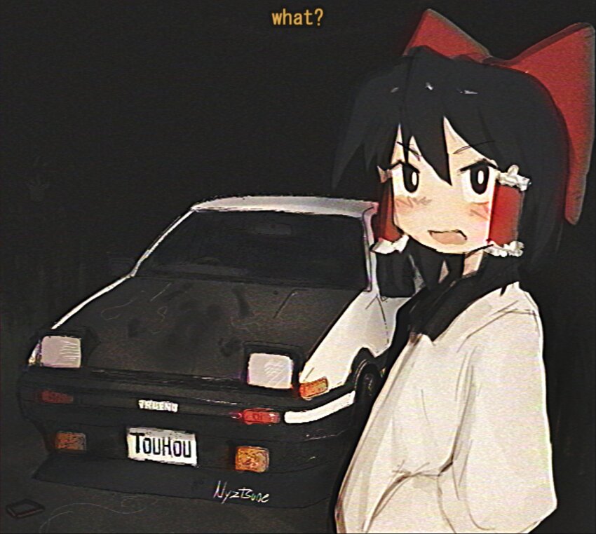 1girl alternate_costume black_hair blush bow car english_text hair_bow hair_tubes hakurei_reimu initial_d jacket license_plate looking_at_viewer motor_vehicle nagilamagykalz outdoors red_bow solo touhou toyota toyota_sprinter_trueno