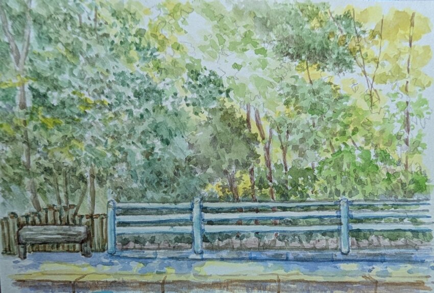 bench commentary_request fence forest harusa1107 highres nature no_humans original outdoors painting_(medium) path road scenery sideways_hat sketch traditional_media tree unfinished wooden_bench wooden_fence