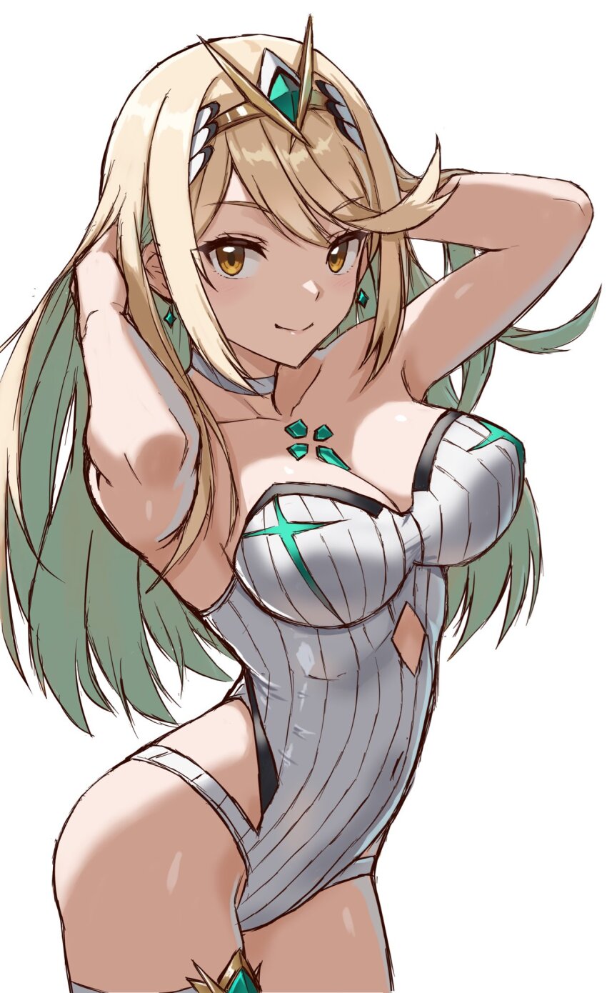1girl adjusting_hair bare_shoulders blonde_hair breasts chest_jewel commentary_request cowboy_shot earrings highres jewelry large_breasts long_hair looking_at_viewer mota_saru mythra_(radiant_beach)_(xenoblade) mythra_(xenoblade) one-piece_swimsuit simple_background smile solo strapless strapless_one-piece_swimsuit swimsuit tiara white_background white_one-piece_swimsuit xenoblade_chronicles_(series) xenoblade_chronicles_2 yellow_eyes