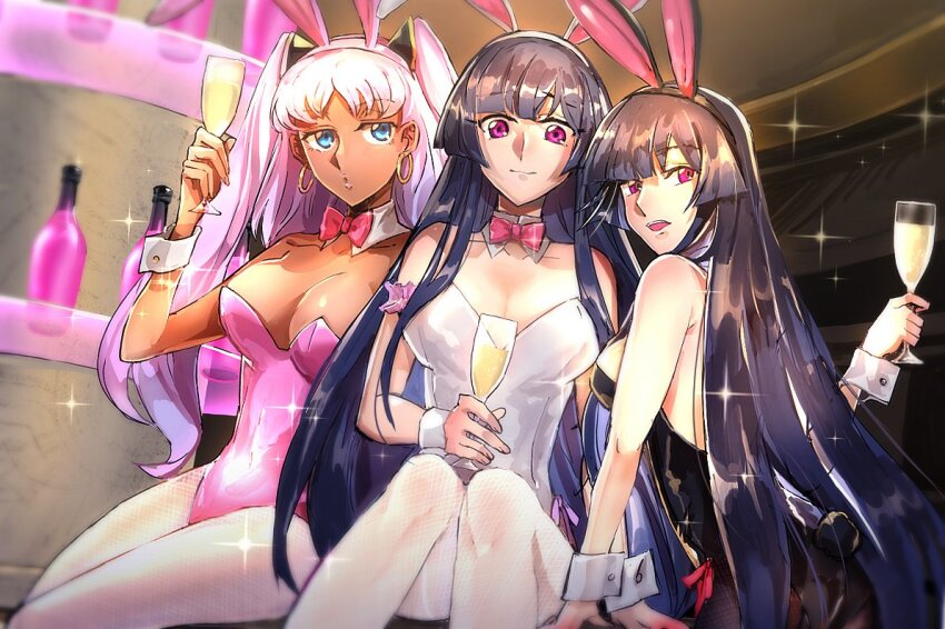 3girls alcohol animal_ears bare_shoulders black_hair black_pantyhose blue_eyes bottle breasts catherine_sabathra ckmogpk cleavage closed_mouth code_geass code_geass:_dakkan_no_roze commentary_request cup dark-skinned_female dark_skin detached_collar earrings fake_animal_ears haruyanagininomiya_sakura holding holding_cup jewelry large_breasts long_hair look-alike looking_at_viewer multiple_girls open_mouth pantyhose pink_hair playboy_bunny purple_eyes rabbit_ears sparkle sumeragi_sakuya twintails white_pantyhose wine_bottle