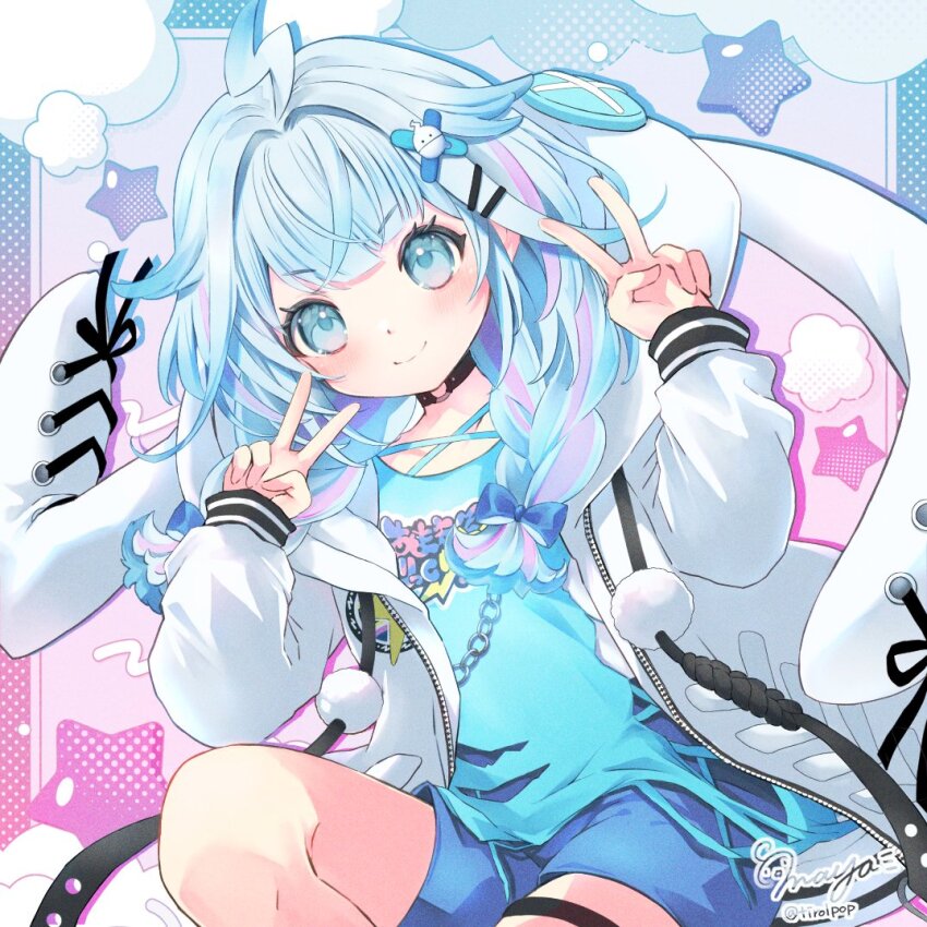 1girl ahoge animal_hood black_choker blue_eyes blue_hair blue_shirt blue_shorts braid choker closed_mouth commentary double_v hair_flaps hair_ornament hairpin hololive hololive_dev_is hood jacket long_hair looking_at_viewer maya_(tirolpop) mizumiya_su mizumiya_su_(1st_costume) multicolored_hair o-ring o-ring_choker pink_streaks rabbit_hood shirt shorts smile solo streaked_hair symbol-only_commentary thigh_strap twin_braids v virtual_youtuber white_jacket