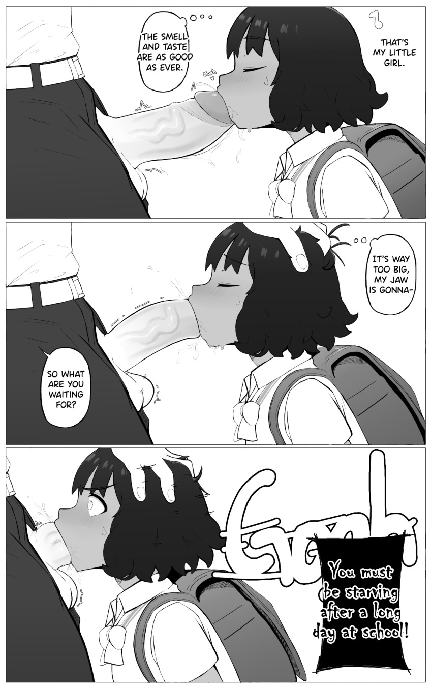 1boy 1girl efisher34 english_text erection father_and_daughter fellatio greyscale hand_on_another's_head highres incest loli monochrome oral original parent_and_child penis school_uniform testicles