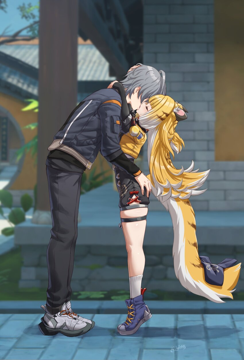 1boy 1girl absurdres animal_ears black_pants black_shorts blonde_hair blurry blurry_background building commentary day elbow_gloves english_commentary fingerless_gloves french_kiss from_side full_body gloves grabbing_another's_ass grass grey_hair groping height_difference highres jacket ju_fufu kiss large_tail leaning_forward long_hair luizhtx outdoors pants ribbon short_hair shorts sky tail tail_ornament tail_ribbon thick_tail thigh_strap tiger_ears tiger_girl tiger_tail tiptoes twitter_username wise_(zenless_zone_zero) yellow_jacket zenless_zone_zero