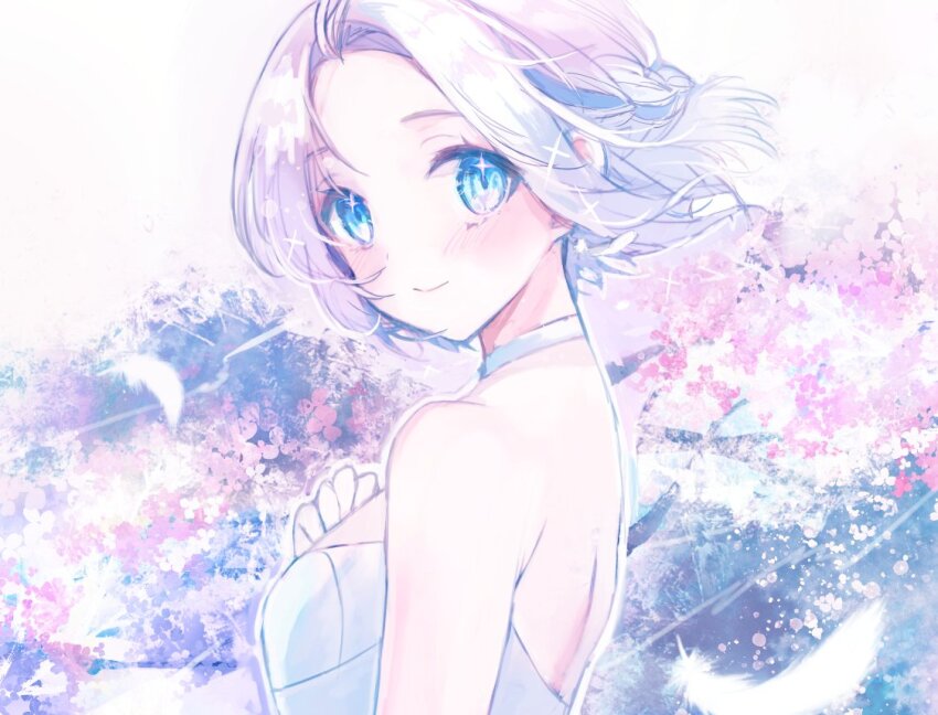 1girl back bare_shoulders blue_eyes blush braid closed_mouth commentary forehead from_side gakuen_idolmaster grey_hair half_up_braid idolmaster katsuragi_lilja looking_at_viewer looking_to_the_side maru51 short_hair smile solo sparkle