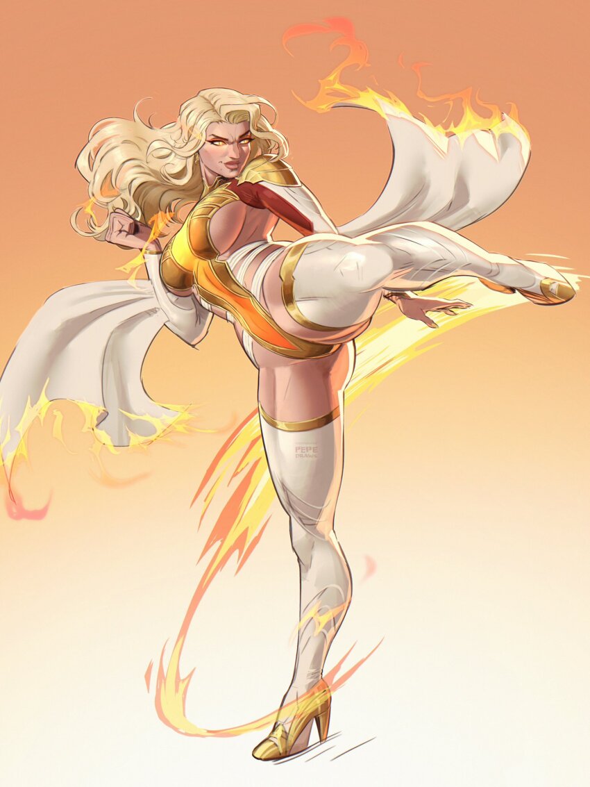 1girl adapted_costume blonde_hair boots breasts clenched_hand commentary commission earrings emma_frost emma_frost_(phoenix_diamond) english_commentary eye_trail eyeshadow fire full_body gluteal_fold gold_trim gradient_background groin_tendon high_heel_boots high_heels highres jewelry kicking large_breasts leotard light_trail long_hair looking_to_the_side makeup marvel marvel_rivals mature_female official_alternate_costume orange_background orange_eyes pepedraws red_eyeshadow sideboob solo standing standing_on_one_leg thigh_boots white_background white_boots white_leotard x-men