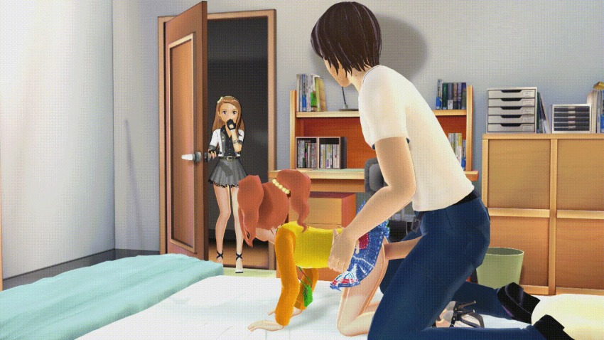 1boy 2girls 3d age_difference all_fours animated animated_gif bed bent_over caught clothed_sex doggystyle eye_contact from_side full_body hetero high_heels idolmaster idolmaster_(classic) indoors legs loli looking_at_another looping_animation minase_iori multiple_girls no_panties on_bed penis ponchi room roomscape sex sex_from_behind skirt tagme takatsuki_yayoi torso_grab twintails uncensored vaginal walk-in