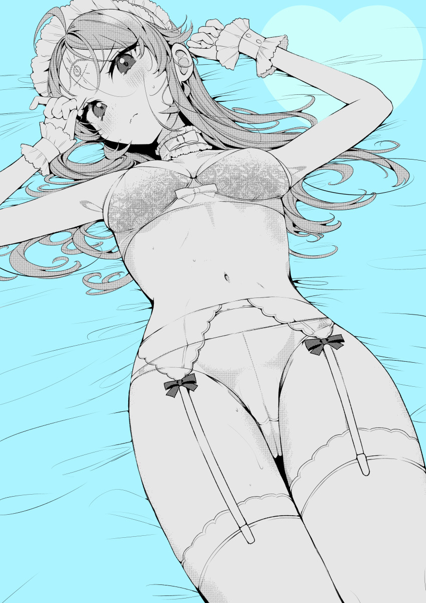 1girl absurdres ahoge blue_background blush bow bra breasts closed_mouth commentary_request facial_mark forehead_mark frilled_wrist_cuffs frills garter_belt greyscale_with_colored_background highres koi_to_senrigan_to_aonisai long_hair lying navel on_back ouchi_kaeru panties solo stomach sweat thighhighs underwear wrist_cuffs
