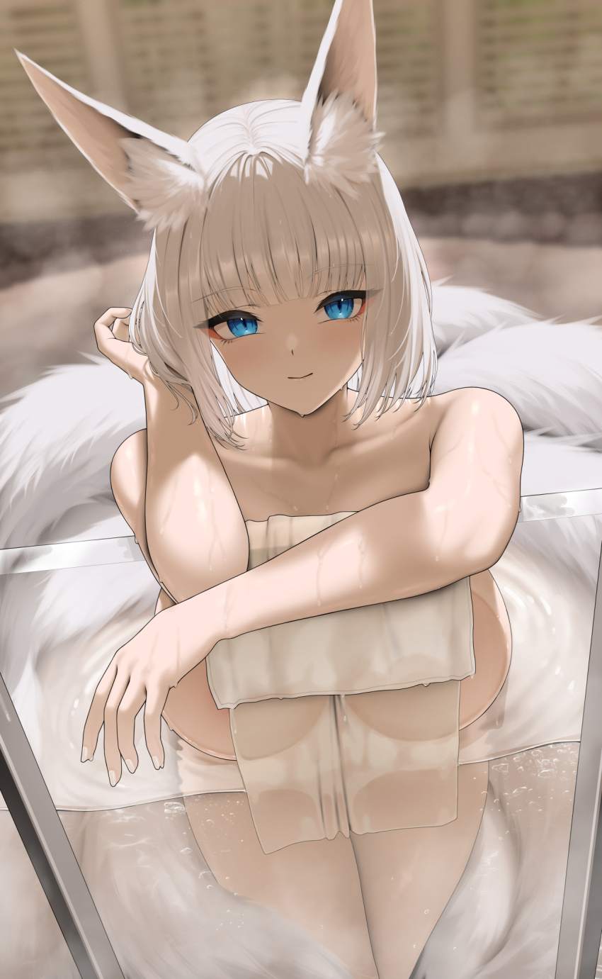 1girl animal_ear_fluff animal_ears azur_lane blue_eyes blunt_bangs blush breasts closed_mouth commentary_request fouriasensei fox_ears fox_girl fox_tail highres kaga_(azur_lane) large_breasts nude paid_reward_available short_hair smile solo steam tail thighs towel water wet white_hair