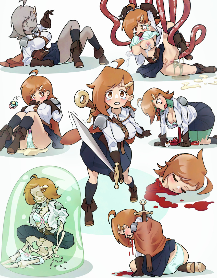 1girl absurdres ahoge all_fours armor bad_end blood blue_skirt blush boots bow bow_bra bow_panties bra breasts brown_corset cape cleavage commentary_request corset coughing coughing_blood death decapitation digestion fantasy female_pubic_hair gloves guro highres holding holding_sword holding_weapon inside_creature intestines kneehighs lactation large_breasts leather leather_boots leather_gloves melodic_death missing_eye multiple_views nipples orange_cape orange_eyes orange_hair original pacifier panties pauldrons peeing peeing_self petrification pleated_skirt pubic_hair pussy rape ryona severed_head shirt shoulder_armor skeleton skirt slime_(creature) socks sweat sweatdrop sword sword_on_back tearing_up tentacle_sex tentacles thumb_sucking trembling uncensored underwear weapon weapon_on_back white_shirt zombification