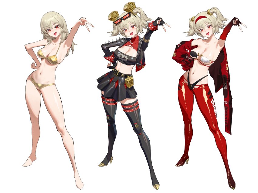 1girl absurdres armpits barefoot bikini black_bikini black_boots black_jacket black_skirt black_tube_top blonde_hair boots breasts burnice_white cleavage commentary english_commentary feet full_body gold_bikini hair_down highres inward_v jacket large_breasts latex_pants long_hair multicolored_bikini multiple_views navel open_mouth pants red_eyes red_jacket red_pants short_hair simple_background skirt stomach strapless swimsuit thigh_boots tube_top twintails two-tone_bikini v white_background wonbin_lee zenless_zone_zero