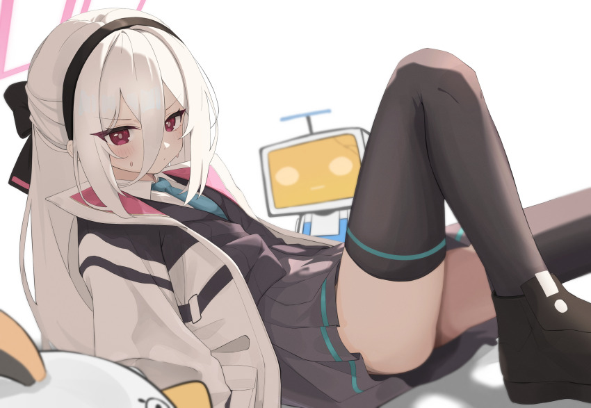 1girl absurdres black_bow black_hairband black_shoes black_thighhighs black_vest blue_archive blue_necktie blush bow bright_pupils closed_mouth collared_shirt commentary double-parted_bangs foot_out_of_frame from_side frown gluteal_fold grey_skirt hair_between_eyes hair_bow hairband half_updo halo highres jacket kei_(blue_archive) kei_(new_body)_(blue_archive) kei_(robot)_(blue_archive) knee_up long_hair long_hair_between_eyes looking_at_viewer lying miniskirt mochi_(jun2743) necktie on_back open_clothes open_jacket peroro_(blue_archive) pink_halo pleated_skirt rectangular_halo red_eyes ringed_eyes shirt shoes sidelighting simple_background skirt solo straight_hair sweatdrop thighhighs thighs v-shaped_eyebrows vest white_background white_hair white_jacket white_pupils white_shirt