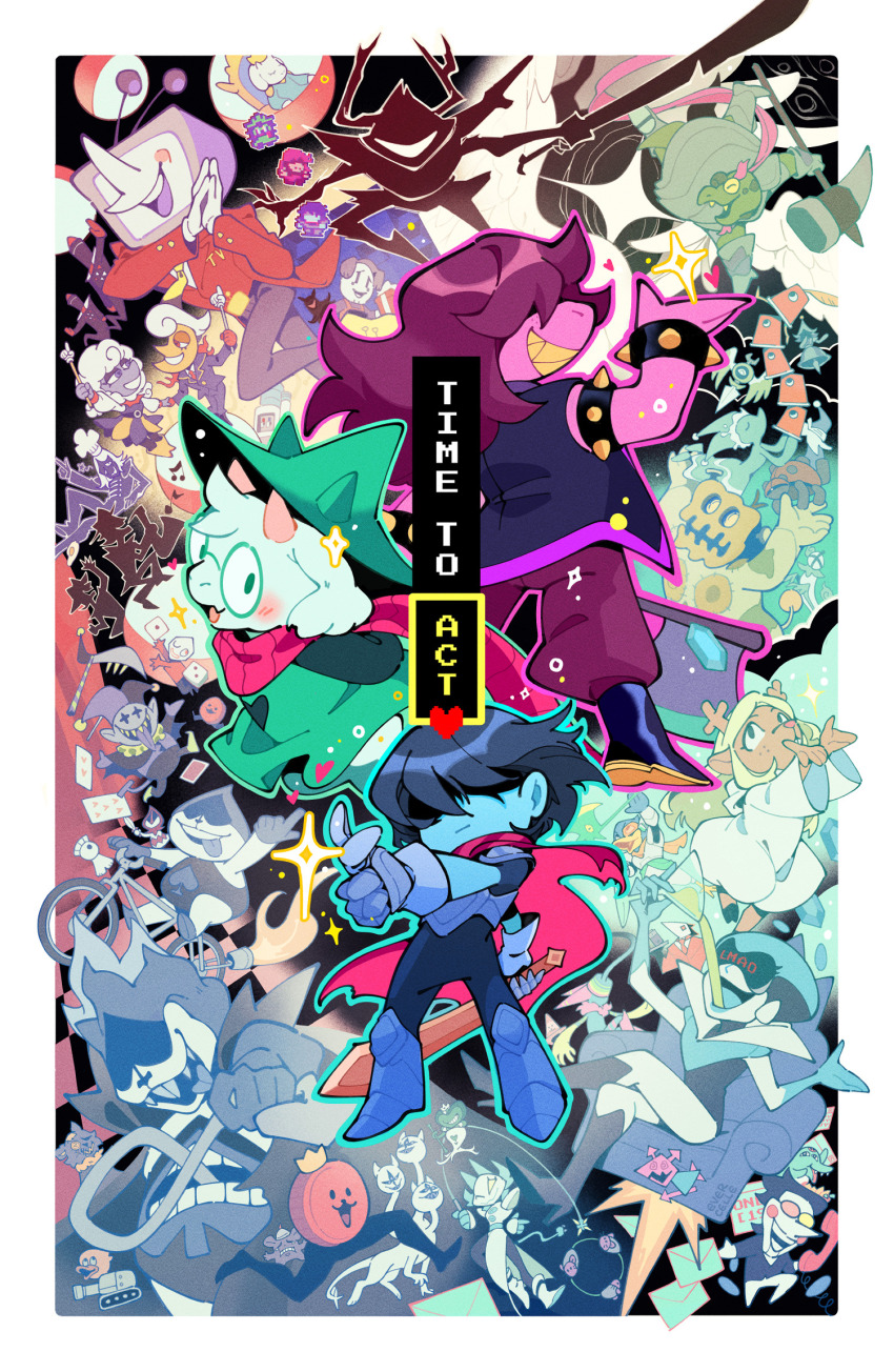 ant_tenna armlet armor armored_boots axe balthizard_(deltarune) berdly_(dark_world)_(deltarune) berdly_(deltarune) bibliox_(deltarune) bicycle black_boots black_jacket blue_hair blue_skin blush boots border bracelet breastplate c._round cape cloak closed_mouth clover_(deltarune) cocktail_glass colored_skin colored_teeth commentary covered_horns cup cuptain_(deltarune) deltarune drinking drinking_glass elnina_(deltarune) english_commentary evercelle everyone gauntlets gerson_(hammer_of_justice) gerson_boom glasses green-framed_eyewear green_cloak green_eyes green_hat guei_(deltarune) hammer hat hathy_(deltarune) heart hero_axe_(deltarune) hero_scarf_(deltarune) hero_sword_(deltarune) highres holding holding_sword holding_weapon jackenstein_(deltarune) jacket jevil jewelry jigsawry_(deltarune) king_(deltarune) kris_(dark_world)_(deltarune) kris_(deltarune) lancer_(deltarune) lanino_(deltarune) lmao maus_(deltarune) mizzle_(deltarune) noelle_holiday noelle_holiday_(dark_world) object_head open_mouth pants pink_cape pink_scarf pippins_(deltarune) ponman_(deltarune) poppup_(deltarune) purple_hair purple_pants queen_(deltarune) ralsei ramb_(deltarune) riding riding_bicycle roaring_knight robe rouxls_kaard rudinn_(deltarune) scarf seam_(deltarune) shadowguy_(deltarune) spamton_g._spamton sparkle spiked_armlet spiked_bracelet spikes spoilers susie_(dark_world)_(deltarune) susie_(deltarune) swatch_(deltarune) sword tasque_manager titan_(deltarune) toriel toriel_(dark_world) utdr_(toby_fox) virovirokun water_cooler weapon werewire white_border white_robe wicabel_(deltarune) winglade_(deltarune) wizard_hat yellow_teeth zapper_(deltarune)