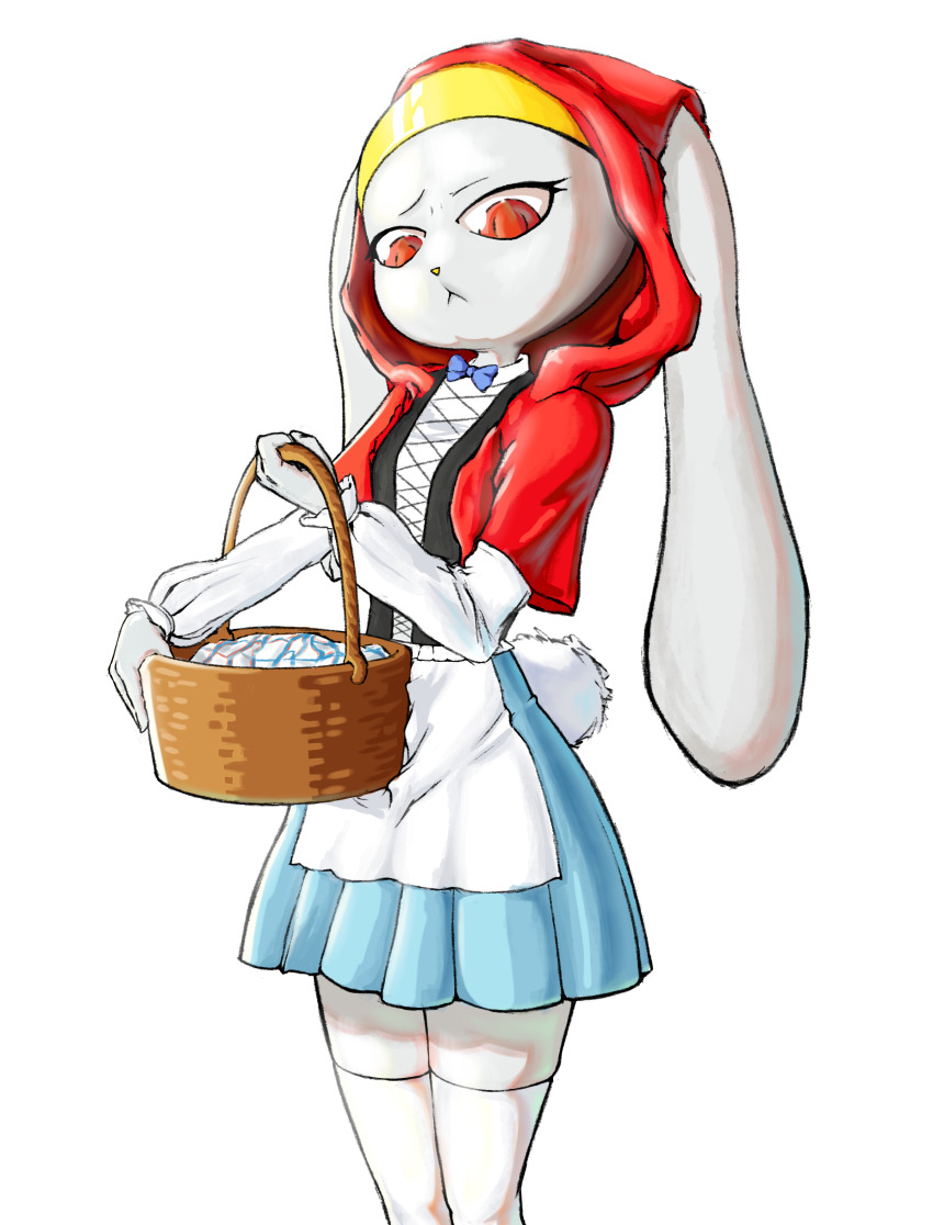 1girl :< absurdres animal_nose apron basket black_shirt blue_bow blue_bowtie blue_skirt body_fur bow bowtie closed_mouth clothed_pokemon cosplay cropped_jacket ears_through_headwear female_focus flat_chest furry furry_female gen_8_pokemon grey_fur hand_up highres holding holding_basket hood hood_up hooded_jacket jacket legs_together little_red_riding_hood_(fairy_tale) little_red_riding_hood_(fairy_tale_character) little_red_riding_hood_(fairy_tale_character)_(cosplay) long_animal_ears long_sleeves looking_at_viewer miniskirt nintendo noconcession open_clothes open_jacket pleated_skirt pokemon pokemon_(creature) rabbit_ears rabbit_girl raboot raglan_sleeves raised_eyebrow red_eyes red_jacket shirt shirt_tucked_in simple_background skirt solo thighhighs traditional_bowtie waist_apron white_apron white_background white_sleeves white_thighhighs zettai_ryouiki