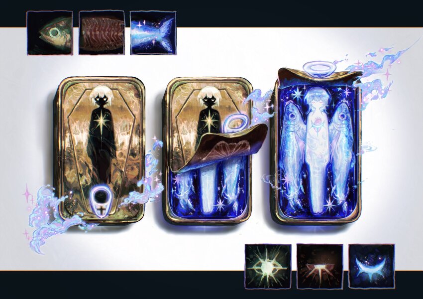 1girl can closing_eyes commentary english_commentary fish halo highres iridescent letterboxed mini_person minigirl original outside_border page_nak1 sardine smoke symbolism