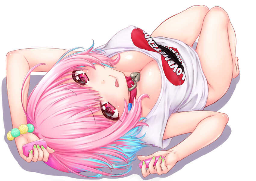 1girl :p absurdres aqua_hair belt belt_collar blush bottomless breasts choker cleavage closed_mouth clothes_writing collar commentary_request controller earrings fingernails glint green_nails heart heart-shaped_lock heart_collar heart_in_eye heart_print highres holding holding_remote_control idolmaster idolmaster_cinderella_girls idolmaster_cinderella_girls_starlight_stage jewelry knees_up large_breasts legs licking_lips looking_at_viewer lying medium_hair multicolored_hair nail_polish on_back ozaki_mirai pill_earrings pink_belt pink_choker pink_collar pink_eyes pink_hair pink_lips pink_shirt remote_control remote_control_vibrator sex_toy shirt simple_background smile solo symbol_in_eye thighs tongue tongue_out two-tone_hair vibrator white_background white_shirt yumemi_riamu