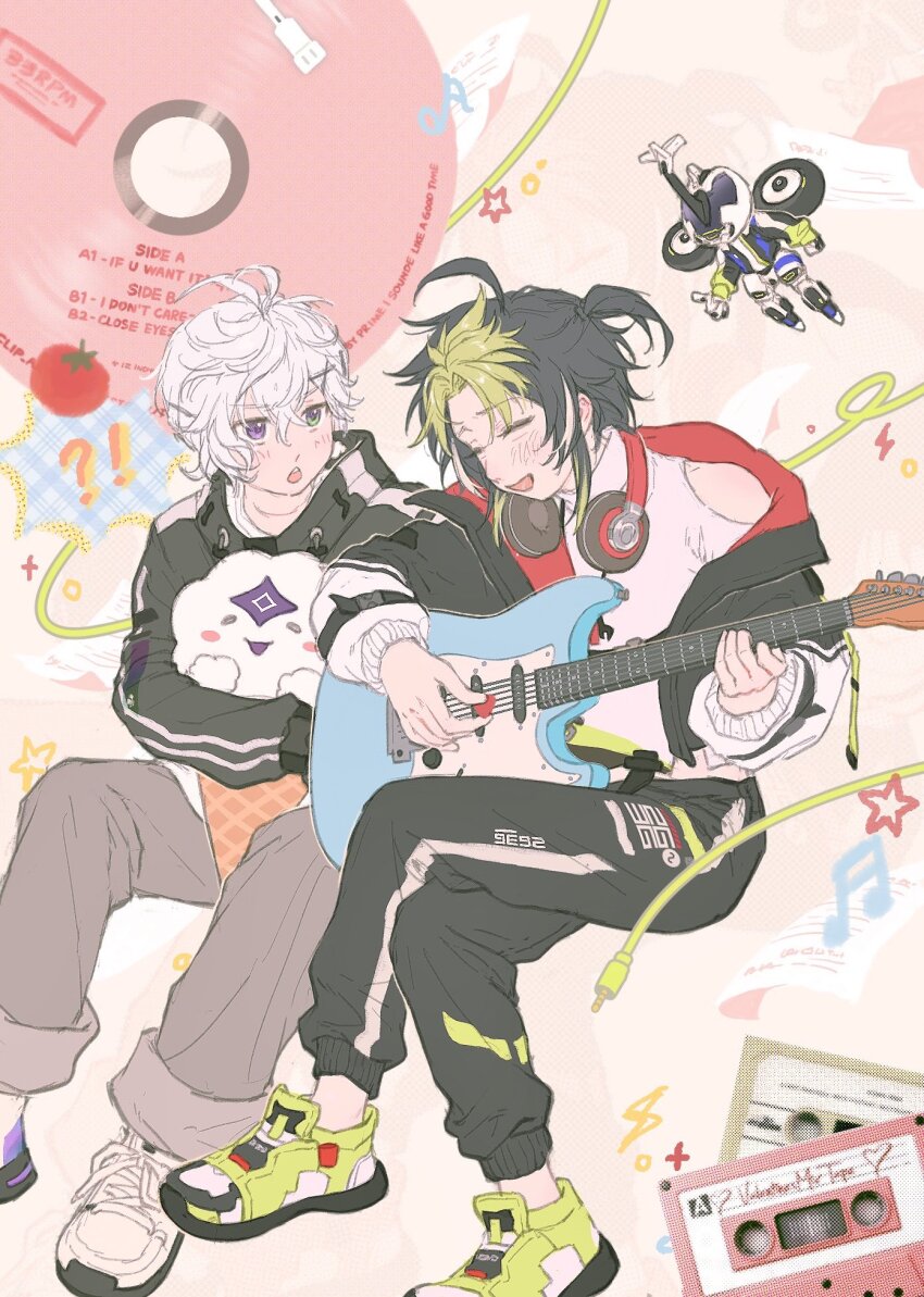 ! 2boys ? ahoge black_pants cassette_tape cd closed_eyes clothing_cutout colored_speech_bubble crossed_legs grey_pants guitar hair_between_eyes hair_ornament highres holding holding_stuffed_toy inami_rai inami_rai_(2nd_costume) instrument invisible_chair jacket looking_at_another male_focus multicolored_hair multiple_boys murakumo_kagetsu murakumo_kagetsu_(2nd_costume) music nijisanji official_alternate_costume open_clothes open_jacket open_mouth pants playing_guitar playing_instrument ponytail short_ponytail shoulder_cutout sitting smile speech_bubble spoken_exclamation_mark spoken_question_mark streaked_hair stuffed_animal stuffed_toy virtual_youtuber watakumo_(murakumo_kagetsu) white_hair worenne333 x_hair_ornament