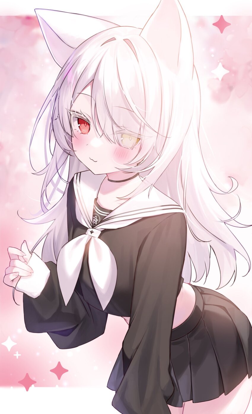 1girl animal_ears black_choker black_serafuku black_skirt cat_ears choker closed_mouth colored_eyelashes commission crop_top crop_top_overhang eyes_visible_through_hair hair_over_one_eye hakua_aa hashtag-only_commentary heterochromia highres leaning_forward long_hair long_sleeves looking_at_viewer midriff miniskirt neckerchief original pleated_skirt red_eyes sailor_collar school_uniform serafuku skeb_commission skirt smile solo white_eyelashes white_hair white_neckerchief white_sailor_collar yellow_eyes