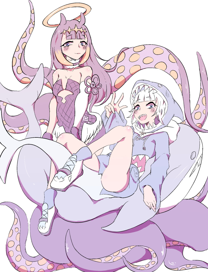 2girls animal_costume animal_hood black_dress blue_hair blue_hoodie blue_socks bluepudding blush closed_mouth dress fins fish_tail gawr_gura gawr_gura_(1st_costume) halo highres hololive hololive_english hood hood_up hoodie looking_at_viewer multicolored_hair multiple_girls ninomae_ina'nis ninomae_ina'nis_(1st_costume) open_mouth purple_eyes purple_hair shark_costume shark_girl shark_hood shark_tail sharp_teeth shoes smile socks strapless strapless_dress streaked_hair tail teeth tentacle_hair tube_dress upper_teeth_only v virtual_youtuber white_background white_hair white_shoes