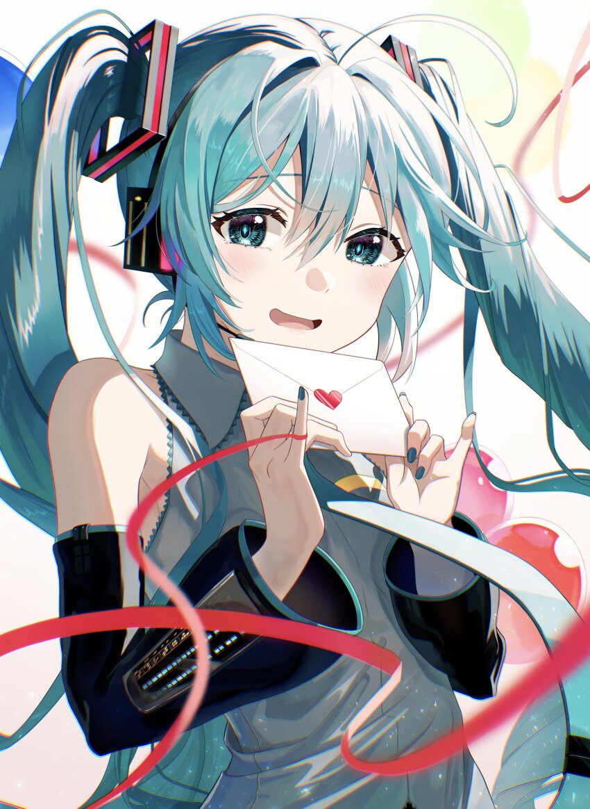1girl absurdres aqua_eyes aqua_hair aqua_nails aqua_necktie aqua_trim collarbone collared_shirt commentary_request detached_sleeves fingernails grey_shirt hair_between_eyes hair_ornament hatsune_miku headset highres holding holding_letter letter light_blush long_hair long_sleeves looking_at_viewer love_letter nail_polish necktie open_mouth shirt smile solo string string_around_finger string_of_fate tatyaoekaki twintails upper_body very_long_hair vocaloid wide_sleeves