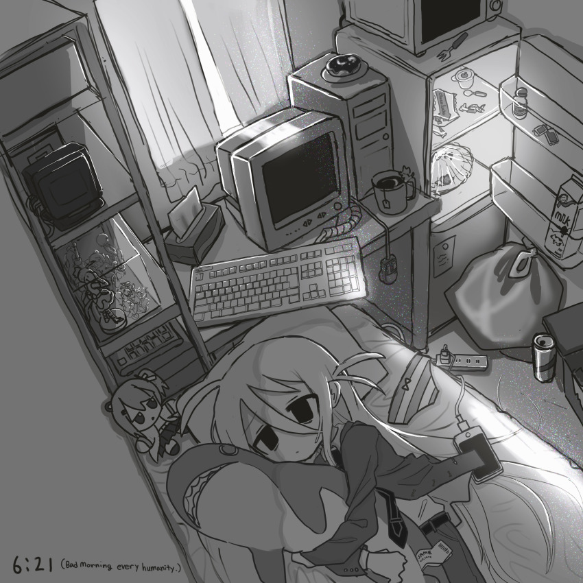 1girl absurdres commentary_request computer computer_keyboard crt cup donut drink_carton english_text engrish_text figure food fork fumo_(doll) greyscale hair_between_eyes highres ikea_shark indoors long_hair lying microwave milk_carton minifridge monitor monochrome mug muni_rice necktie original power_strip ranguage stuffed_animal stuffed_shark stuffed_toy table tea timestamp tissue_box trash_bag two_side_up