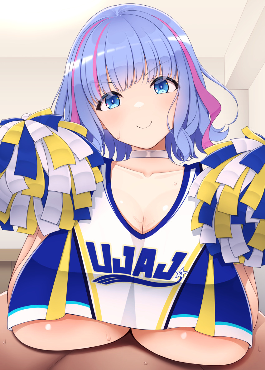 1boy 1girl blue_eyes blue_hair breasts cheerleader choker cleavage closed_mouth clothed_female_nude_male collarbone commentary_request dolphin_wave hetero highres holding holding_pom_poms huge_breasts indoors kukuri_tomo kurikara multicolored_hair nude paizuri pink_hair pom_pom_(cheerleading) pom_poms smile sweat two-tone_hair white_choker