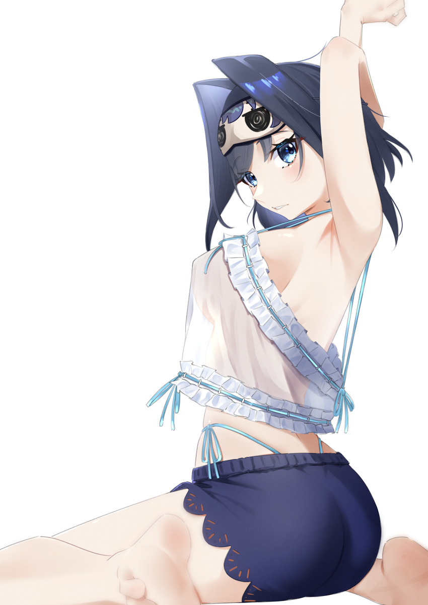 1girl absurdres arm_behind_head armpits arms_up ass barefoot blue_eyes blue_hair breasts camisole commentary crop_top english_commentary feet frilled_camisole frills hair_flaps hair_intakes highleg highleg_panties highres hololive hololive_english jape_(ja_pehhhh) large_breasts looking_at_viewer mask mask_on_head ouro_kronii outstretched_arm panties panty_straps parted_lips see-through_camisole see-through_clothes see-through_silhouette short_hair short_shorts shorts sideboob simple_background sitting sleep_mask soles solo toes underwear virtual_youtuber white_background white_camisole