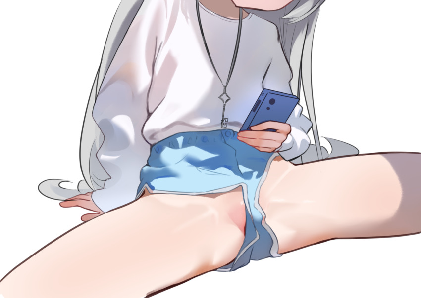 1girl argusrho_01 cellphone female_focus female_tyrant_(stella_sora) grey_hair groin head_out_of_frame holding holding_phone jewelry key key_necklace legs loli long_hair long_sleeves lower_body necklace no_panties phone shirt shorts sitting smartphone solo spread_legs stella_sora tyrant_(stella_sora) white_background