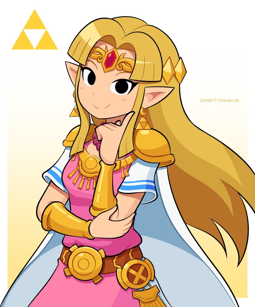 1girl absurdres artist_name belt black_eyes blonde_hair cape dot_nose dress earrings eyelashes gold gold_earrings hand_up highres jewelry long_hair looking_at_viewer multicolored_dress necklace nintendo pink_dress pointy_ears princess_zelda short_sleeves shoulder_pads sidelocks simple_background smile solo solo_focus super_smash_bros. the_legend_of_zelda the_legend_of_zelda:_a_link_between_worlds tiara triforce two-tone_background upper_body vinny_(dingitydingus) white_background white_cape white_dress yellow_background