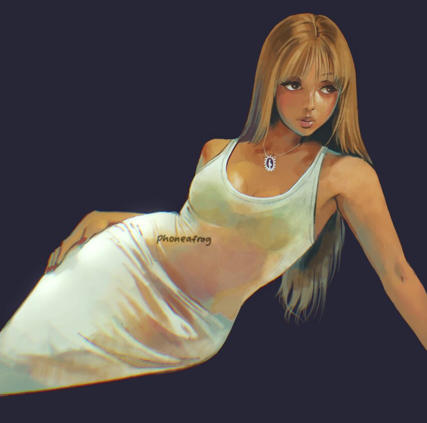 1girl artist_name black_background breasts brown_eyes brown_hair chromatic_aberration closed_mouth commentary dress eyelashes feet_out_of_frame hand_on_own_thigh highres invisible_floor jewelry lipgloss long_dress long_hair looking_to_the_side medium_breasts modeling necklace phoneafrog pinkpantheress real_life red_nails scoop_neck simple_background sitting sleeveless sleeveless_dress straight_hair symbol-only_commentary white_dress wispy_bangs yokozuwari