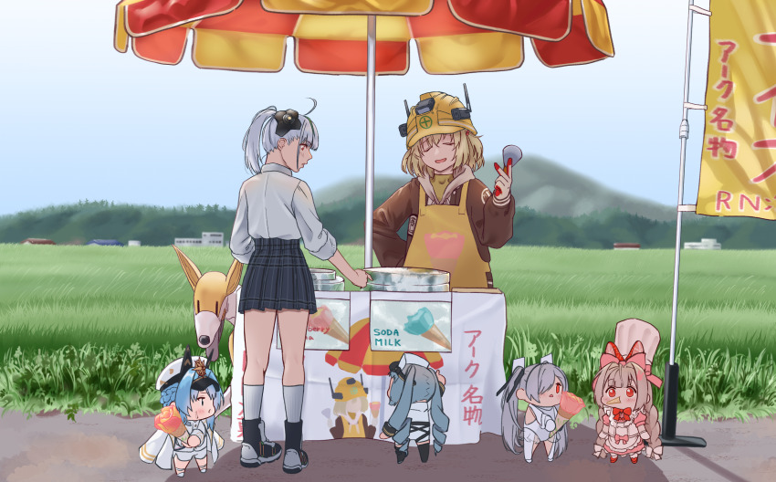 6+girls admi_(nikke) ahoge apron armpit_cutout blonde_hair blue_eyes blue_hair blush bodysuit bow braid brown_shawl chef_hat chibi cinderella_(nikke) clothing_cutout coat coat_on_shoulders commentary_request crust_(nikke) dress eating flat_top_chef_hat food food-themed_hair_ornament food_costume front_bow fruit gloves goddess_of_victory:_nikke green_hair grey_hair hair_bow hair_intakes hair_ornament hair_over_one_eye hard_hat hat headgear helm_(nikke) helmet highres holding holding_food holding_ice_cream holding_ice_cream_cone ice_cream ice_cream_cone insignia jacket leg_cutout liter_(nikke) long_hair long_sleeves medium_hair multicolored_gloves multicolored_hair multiple_girls non-humanoid_robot one_eye_covered open_clothes open_mouth paw_hair_ornament peaked_cap pink_dress pink_eyes pleated_skirt privaty_(nikke) rabbit_hair_ornament red_eyes robot robot_animal robot_dog runao_noire school_uniform see-through_bodysuit see-through_clothes serafuku shawl shirt short_hair skirt smile strawberry strawberry_hair_ornament streaked_hair street_vendor thighhighs twin_braids twintails two-tone_gloves very_long_hair volt_(nikke) white_apron white_bodysuit white_gloves white_jacket white_shirt yellow_apron yellow_helmet
