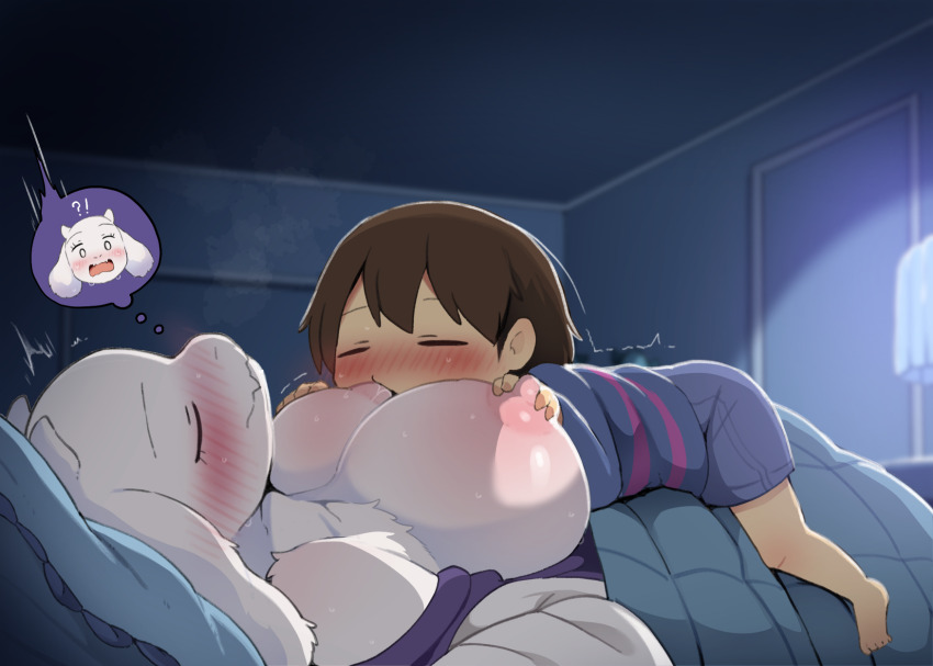 !? 1boy 1girl age_difference animal_ears bedroom blush breast_sucking breasts breasts_out brown_hair closed_eyes clothed_sex dagasi frisk_(undertale) furry furry_female furry_with_non-furry goat_ears goat_girl goat_horns grabbing_another's_breast groping hetero highres horns huge_breasts indoors interspecies lying molestation nipples on_back onee-shota saliva short_hair shota sleep_molestation speech_bubble thought_bubble toriel undertale utdr_(toby_fox) variant_set white_fur