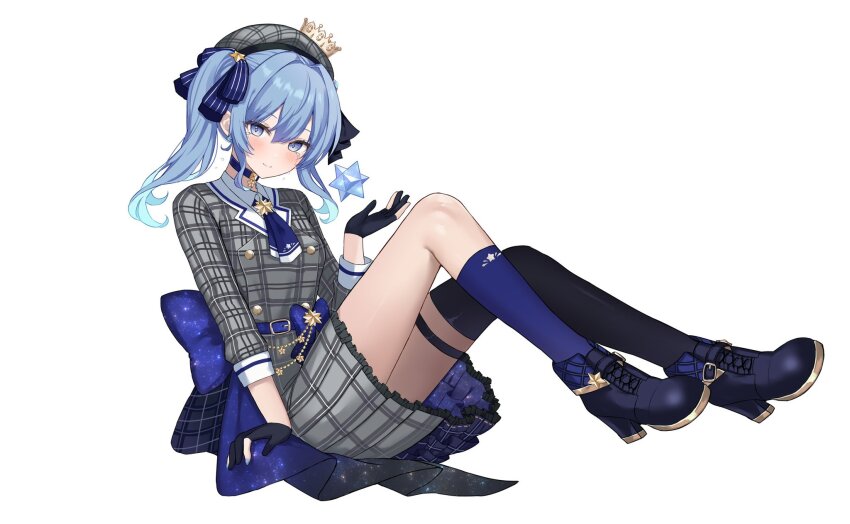1girl asymmetrical_legwear belt beret black_boots black_gloves black_thighhighs blue_belt blue_bow blue_choker blue_eyes blue_hair blue_ribbon blue_thighhighs boots bow choker collared_shirt gloves grey_hat grey_jacket grey_skirt hair_ribbon hat highres hololive hoshimachi_suisei hoshimachi_suisei_(1st_costume) jacket kohaku_(csacu) medium_hair mismatched_legwear partially_fingerless_gloves plaid_clothes plaid_hat plaid_jacket plaid_skirt ribbon shirt side_ponytail simple_background skirt smile solo tears thigh_strap thighhighs uneven_legwear virtual_youtuber waist_bow white_background white_shirt