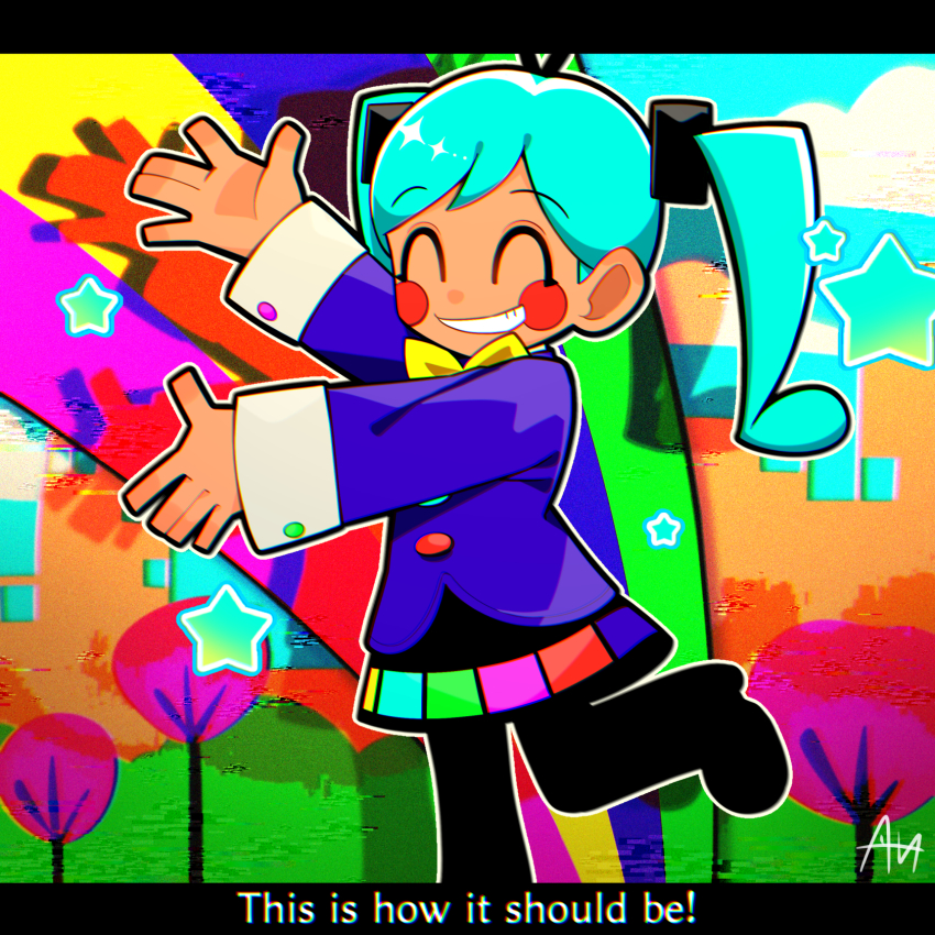 1girl ^_^ aqua_hair blue_jacket blush_stickers closed_eyes grin hatsune_miku highres jacket letterboxed long_sleeves multicolored_skirt outline sato_(r017xts117) signature skirt smile solo standing standing_on_one_leg star_(symbol) static_(vocaloid) subtitled tree twintails vocaloid