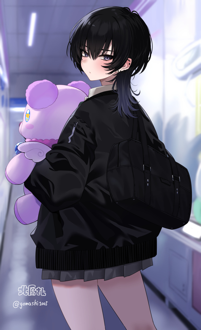 1girl bag black_eyes black_hair black_jacket blurry blurry_background commentary_request ear_piercing from_behind gomashi_(goma) highres holding holding_stuffed_toy jacket long_hair looking_at_viewer original piercing pleated_skirt skirt solo stuffed_animal stuffed_toy