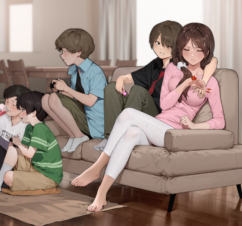 1girl 4boys absurdres age_difference barefoot breasts brown_hair cheating_(relationship) clueless controller couch crossed_legs game_controller groping hetero highres jewelry living_room long_sleeves mature_female medium_breasts mother_and_son motherly_netorare multiple_boys netorare one_eye_closed onee-shota original pants pink_shirt ponytail remote_control_vibrator ring rumi_(yewang19) scrunchie sex_toy shirt shota socks vibrator wedding_ring white_pants wink yewang19