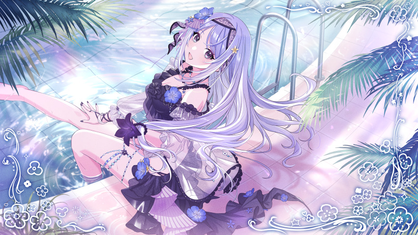 1girl bikini blue_eyes blue_hair breasts cleavage game_cg idolmaster idolmaster_shiny_colors idolmaster_shiny_colors_song_for_prism leaf nail_polish official_art open_mouth pool sitting solo suzuki_hana swimsuit