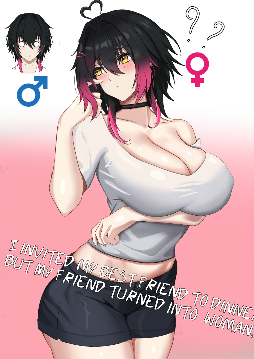 1boy 1girl ? ?? absurdres ahoge ass black_choker black_hair black_shorts blush breasts choker cleavage closed_mouth collarbone colored_tips commentary cowboy_shot cropped_shirt diamond-shaped_pupils diamond_(shape) english_commentary english_text frown genderswap genderswap_(mtf) gradient_background gradient_hair groin hair_between_eyes hair_intakes hair_ornament hairclip hand_up head_only heart heart_ahoge highres huge_ass huge_breasts lansulynn looking_to_the_side lynn_(lansulynn) mars_symbol medium_breasts messy_hair midriff multicolored_hair off_shoulder original pink_background pink_hair short_shorts short_sleeves shorts sidelocks skindentation solo symbol-shaped_pupils textless_version thick_thighs thighs two-tone_background two-tone_hair venus_symbol white_background wide_sleeves yellow_eyes