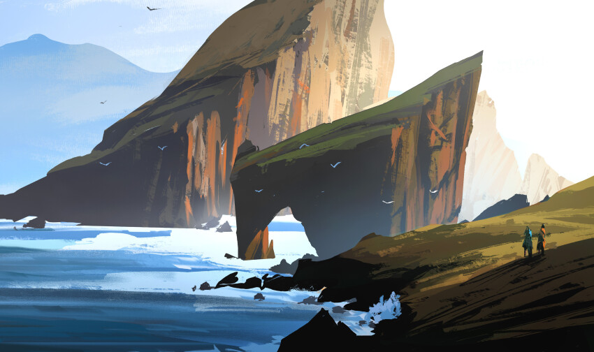 2others arch blue_sky brown_cloak cliff cloak cloud cloudy_sky commentary english_commentary flock highres landscape mountain multiple_others nature ocean orange_cloak original outdoors painterly raphael-lacoste scenery sky water waves yellow_sky