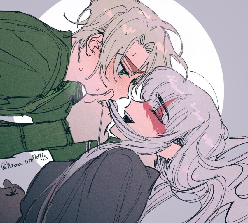 1boy 1girl ^_^ animification arm_support artist_name blonde_hair blush closed_eyes commentary_request dougi eyes_visible_through_hair facing_another gloves green_dougi green_eyes grey_gloves grey_hair haaa_om007ls harumi_(ninjago) hetero holding_another's_hair kissing_hair korean_commentary lloyd_garmadon long_hair long_sleeves looking_at_another lying ninjago on_back open_mouth red_facepaint short_hair sidelocks simple_background smile sweat the_lego_group twitter_username